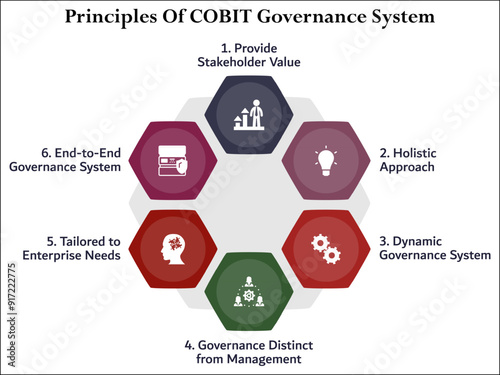 Six principles of COBIT governance system. Infographic template with icons and description placeholder