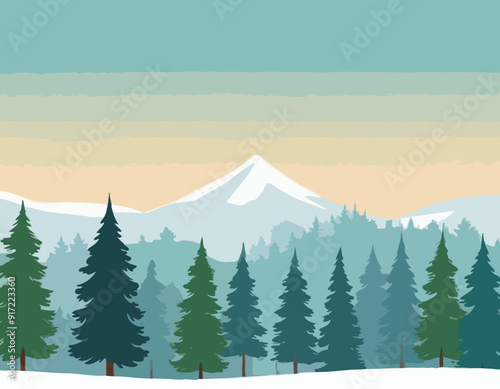 Pine Trees. Trunks of fir and Spruce. Snow frosty landscape. Beautiful Forest Panorama. Illustration in cartoon style flat design. Vector