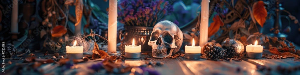 Witch s Magic Ritual Altar with Skull of a Cat and Charmed Candles