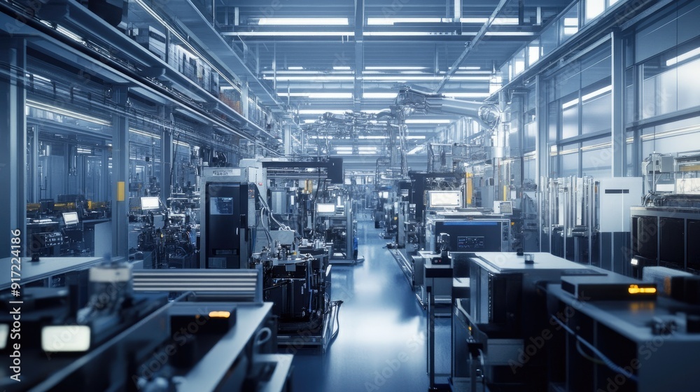 A factory floor filled with high-tech equipment and machinery, with a focus on precision manufacturing. The upper area is clear for text. A factory floor filled with high-tech equipment and machinery, with a focus on precision manufacturing. The upper area is clear for text.