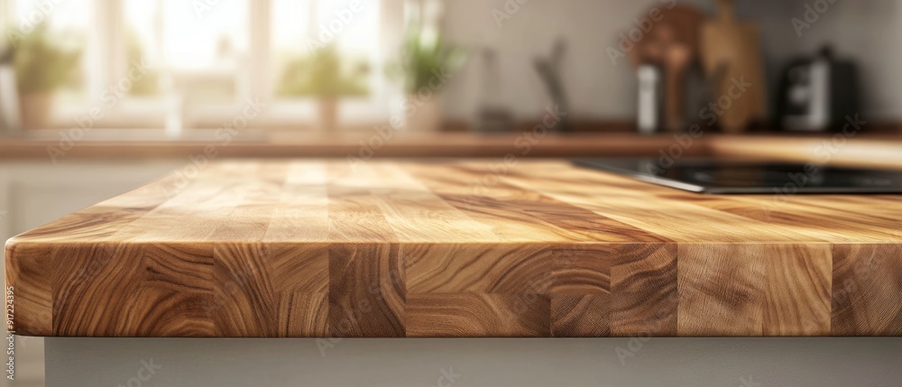 Selective focus.End grain wood counter top with cutting board on blur kitchen in morning window background.For montage product display or design key visual Selective focus.End grain wood counter top with cutting board on blur kitchen in morning window background.For montage product display or design key visual