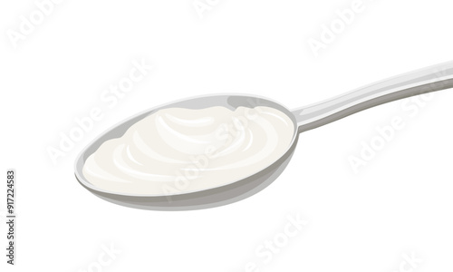 Sour cream or yoghurt in spoon. Vector cartoon flat illustration.