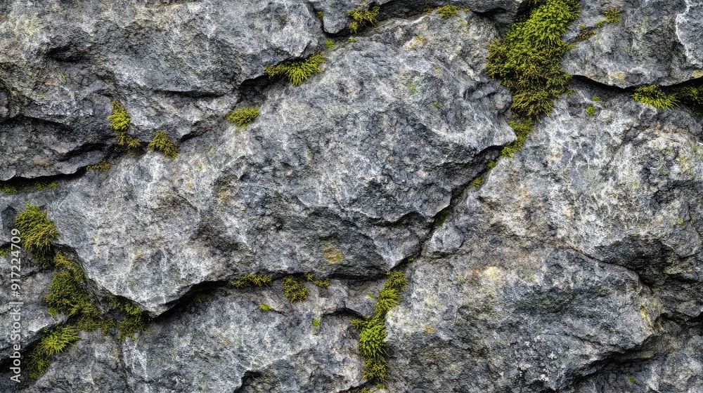 A close-up view of textured rock surface with patches of green moss. A close-up view of textured rock surface with patches of green moss.