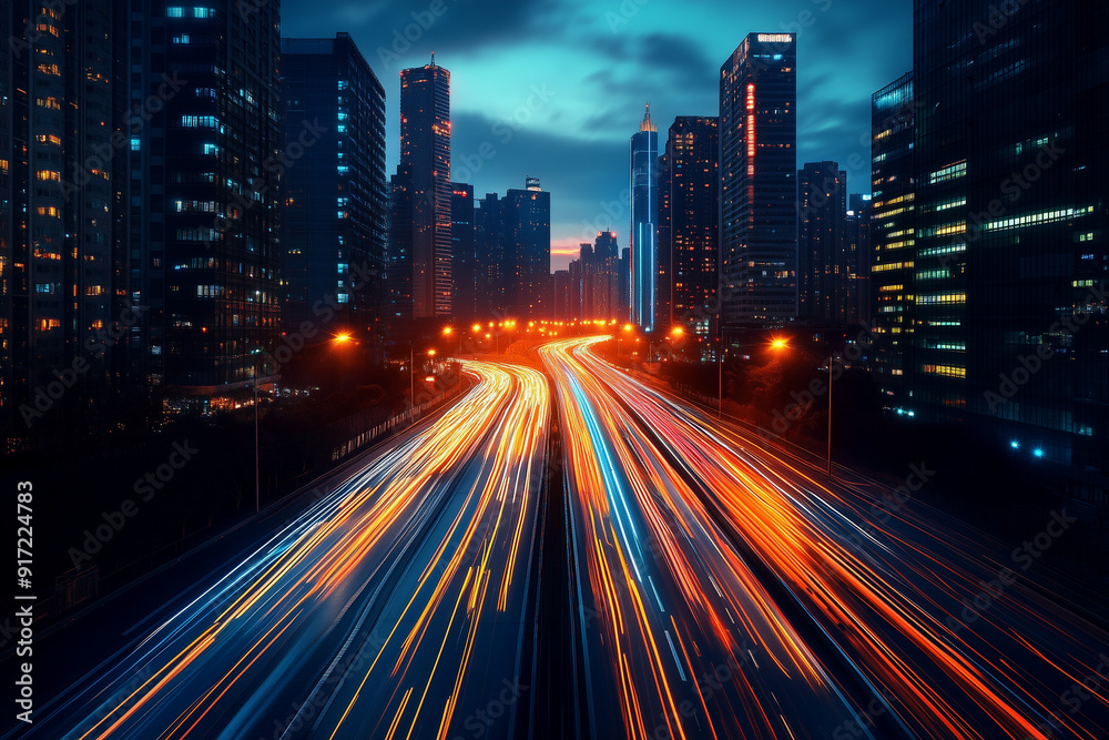Landscape view of long exposure civilization highway in town, Traffic light on road with tall building in downtown. Landscape view of long exposure civilization highway in town, Traffic light on road with tall building in downtown.