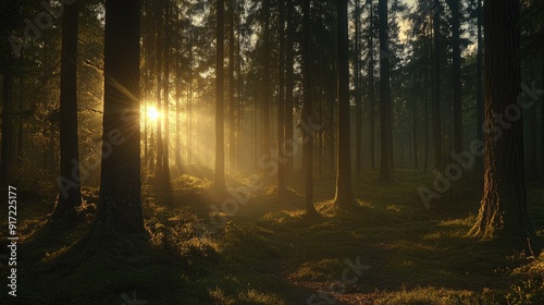 Golden hour sunlight streaming through forest