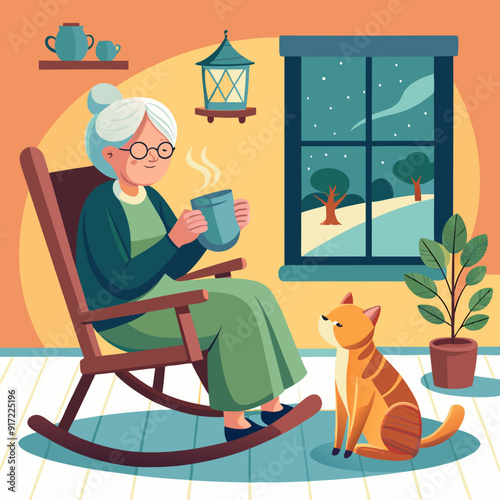 Old woman drinks tea in her rocking chair. Cat and granny.