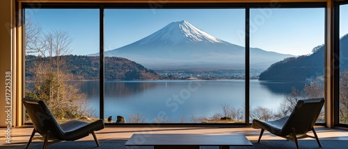 Beautiful Mt.Fuji view at window resort near lake . winter, Travel, Vacation and Holiday