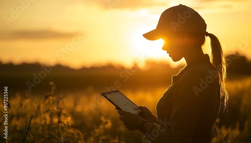 Woman farmer uses a tablet computer to analyze crop yield in a field at sunset.