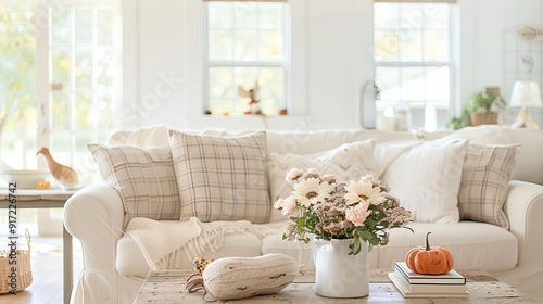 A festive living room with scarecrow decorations, a stack of Halloween invitations on the coffee table, and scarecrow accessories as decor