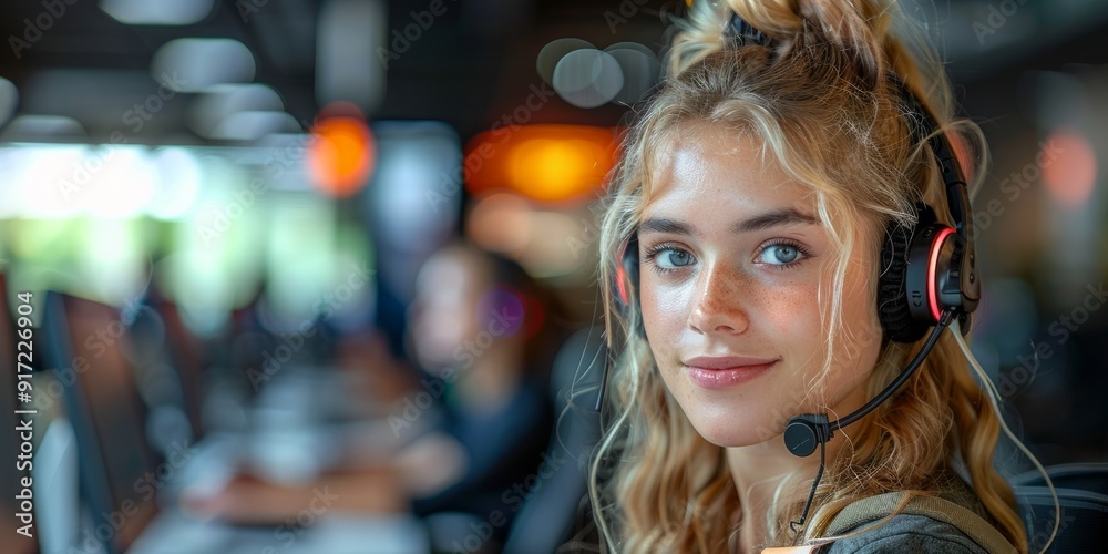 Young Woman with Headset Looking at the Camera Young Woman with Headset Looking at the Camera