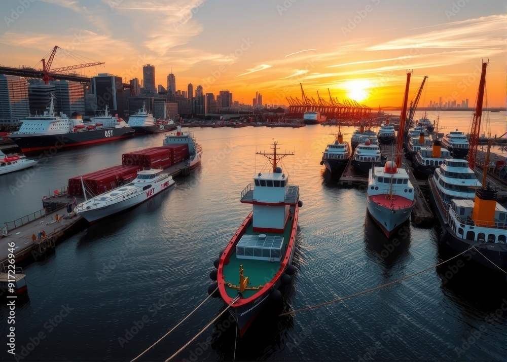 urban scenes, Boat Dock at Sunset with City Skyline