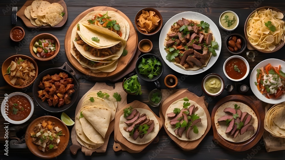 An array of delectable delicacies on the table. Above view with a banner background of dark wood. tacos, steak, flatbreads, pasta, and meals with a restaurant flair. An array of delectable delicacies on the table. Above view with a banner background of dark wood. tacos, steak, flatbreads, pasta, and meals with a restaurant flair.