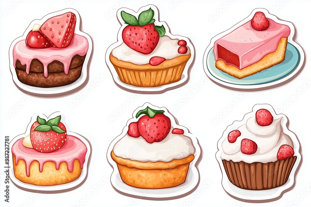 Sweet dessert stickers with cakes, cookies, and pies on a plain background Sweet dessert stickers with cakes, cookies, and pies on a plain background