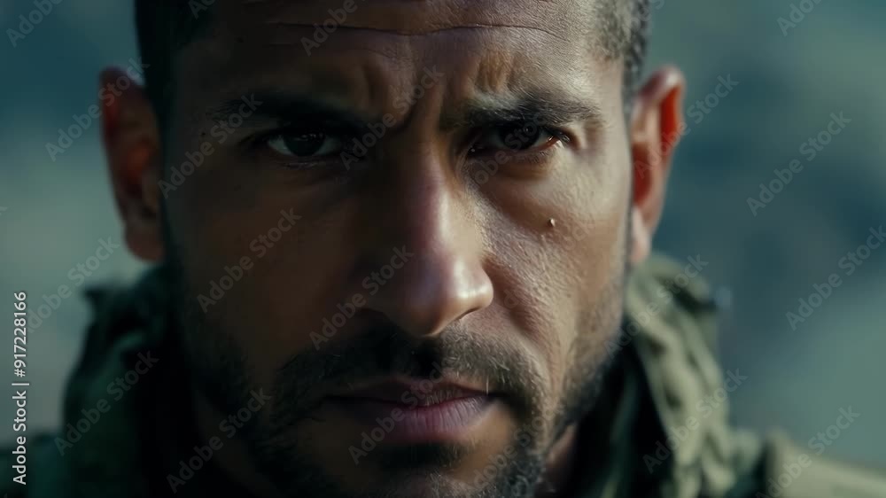 A battlehardened Special Forces operative gazes intently at the camera his serious expression revealing the gravity of his job.