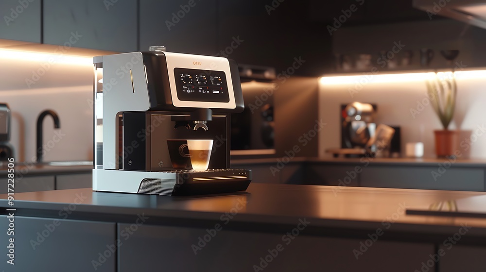 A modern coffee machine with a sleek touchscreen display, sitting on a minimalist kitchen counter - Futuristic style