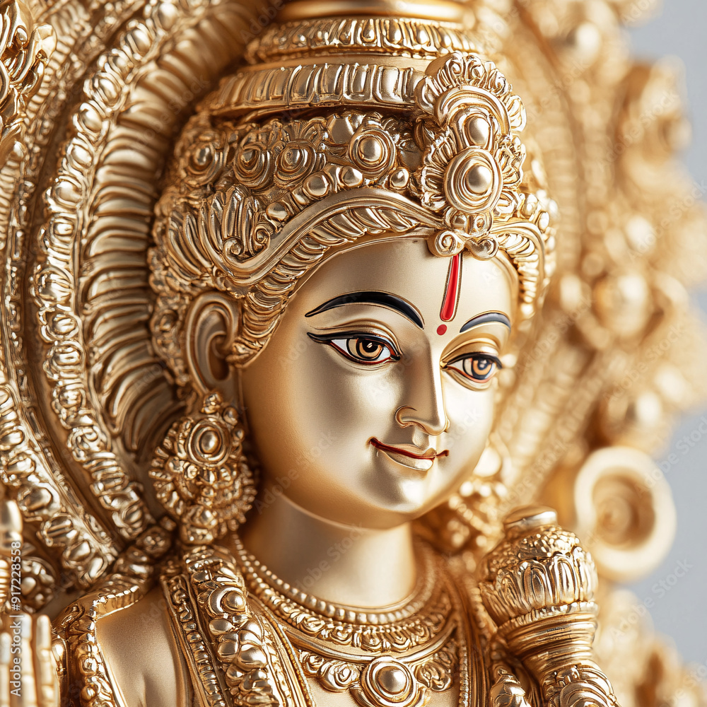 Intricately Carved Golden Hindu Deity Idol on White Background