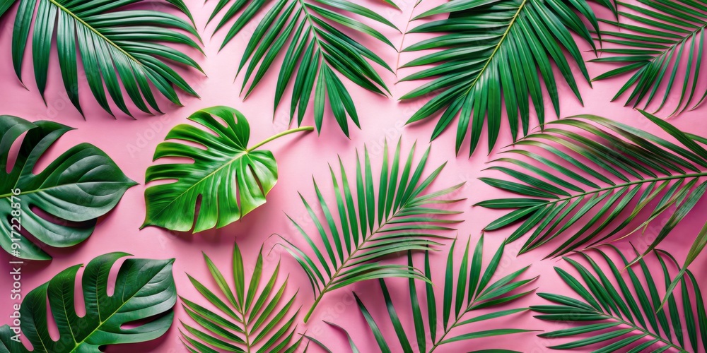 Tropical Leaf Pattern on Pink Background, Palm Leaves, Monstera, Pink, Green, Summer, Tropical Tropical Leaf Pattern on Pink Background, Palm Leaves, Monstera, Pink, Green, Summer, Tropical