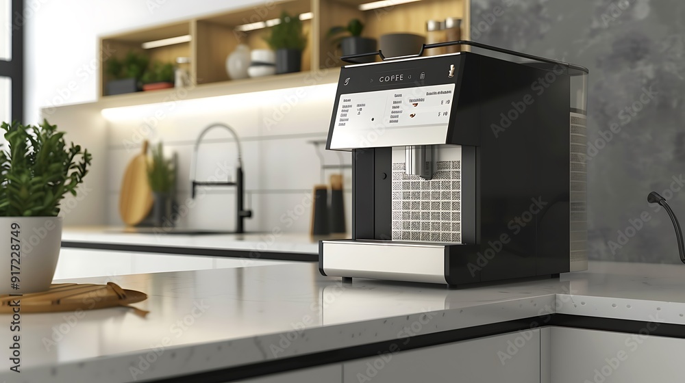 A modern coffee machine with a sleek touchscreen display, sitting on a minimalist kitchen counter A modern coffee machine with a sleek touchscreen display, sitting on a minimalist kitchen counter