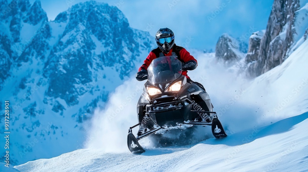 A thrilling snowmobile adventure through snowy mountains. A thrilling snowmobile adventure through snowy mountains.