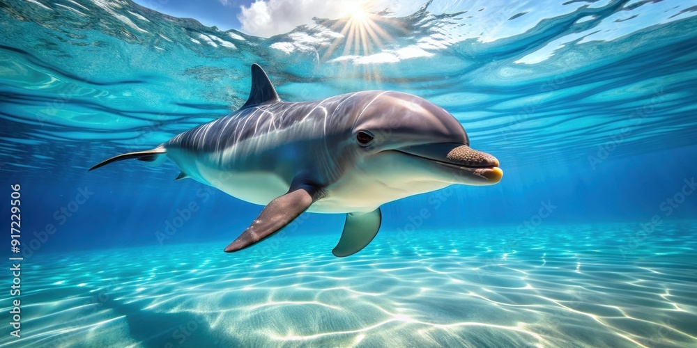 Fototapeta premium Playful dolphin swimming gracefully in the clear blue waters, dolphin, water, marine life, ocean, underwater, wildlife, aquatic