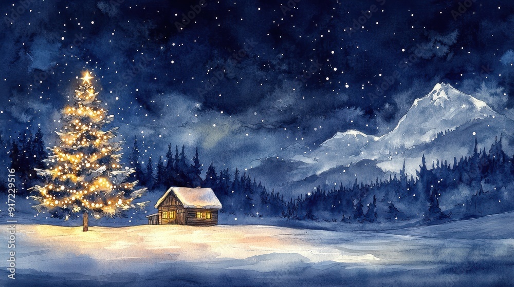 Fototapeta premium Christmas Tree and Lit Cabin in a Winter Wonderland: A Snowy Night Landscape Perfect for Holiday Banners and Templates for Xmas Eve 