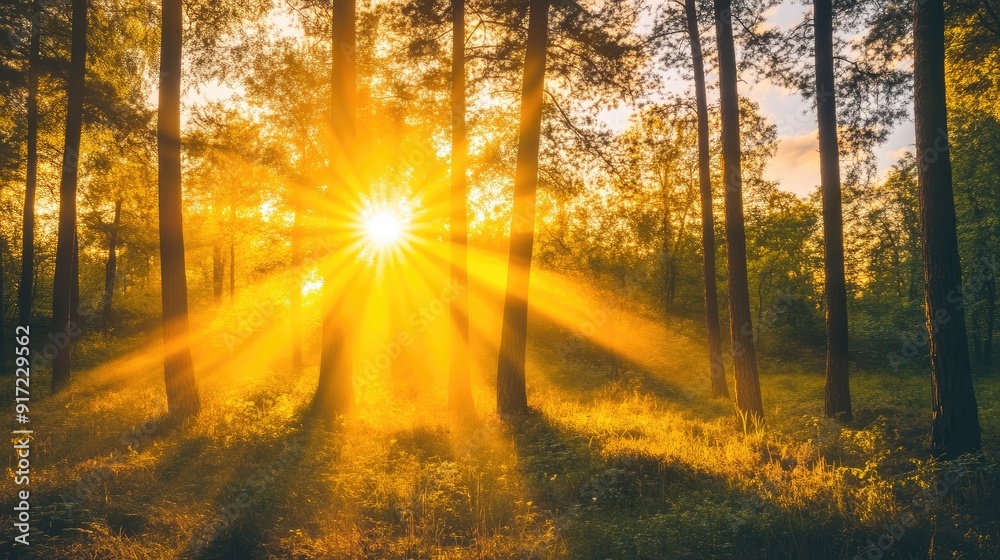 Golden hour sunlight streaming through forest Golden hour sunlight streaming through forest