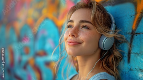 Wallpaper Mural smiling teenager girl listening song with headphone standing at street with vibrant colorful graffiti background Torontodigital.ca