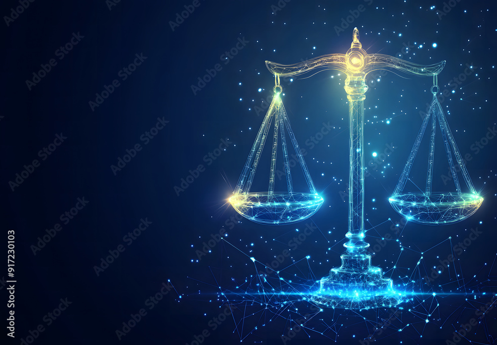 High-tech blue Digital justice scale surrounded by digital data on blue bokeh background, representing the role of AI in business justice design High-tech blue Digital justice scale surrounded by digital data on blue bokeh background, representing the role of AI in business justice design
