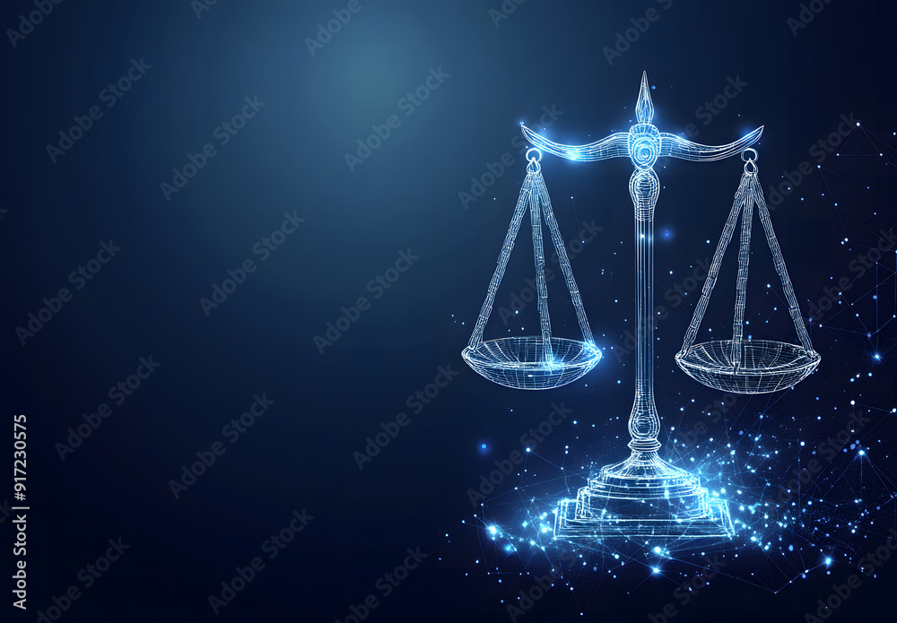 High-tech blue Digital justice scale surrounded by digital data on blue bokeh background, representing the role of AI in business justice design High-tech blue Digital justice scale surrounded by digital data on blue bokeh background, representing the role of AI in business justice design