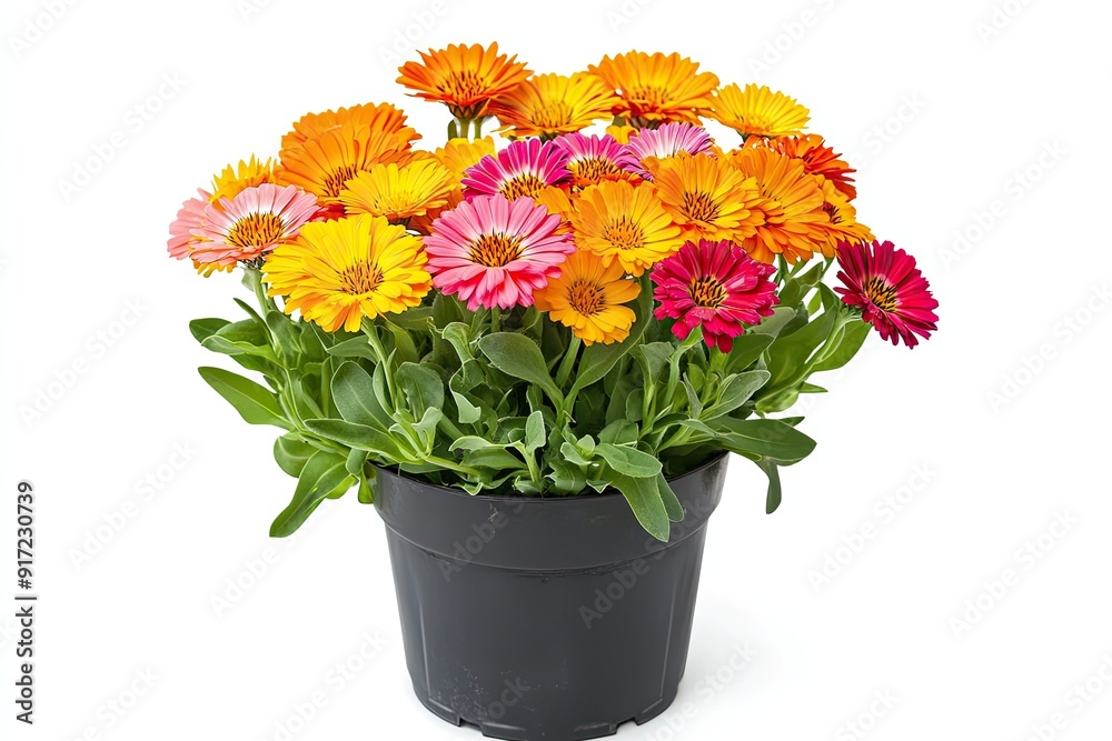 Fototapeta premium Colorful calendula flowers in the pot isolated on a white background 
