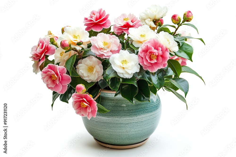 Colorful camellia flowers in the pot isolated on a white background Colorful camellia flowers in the pot isolated on a white background