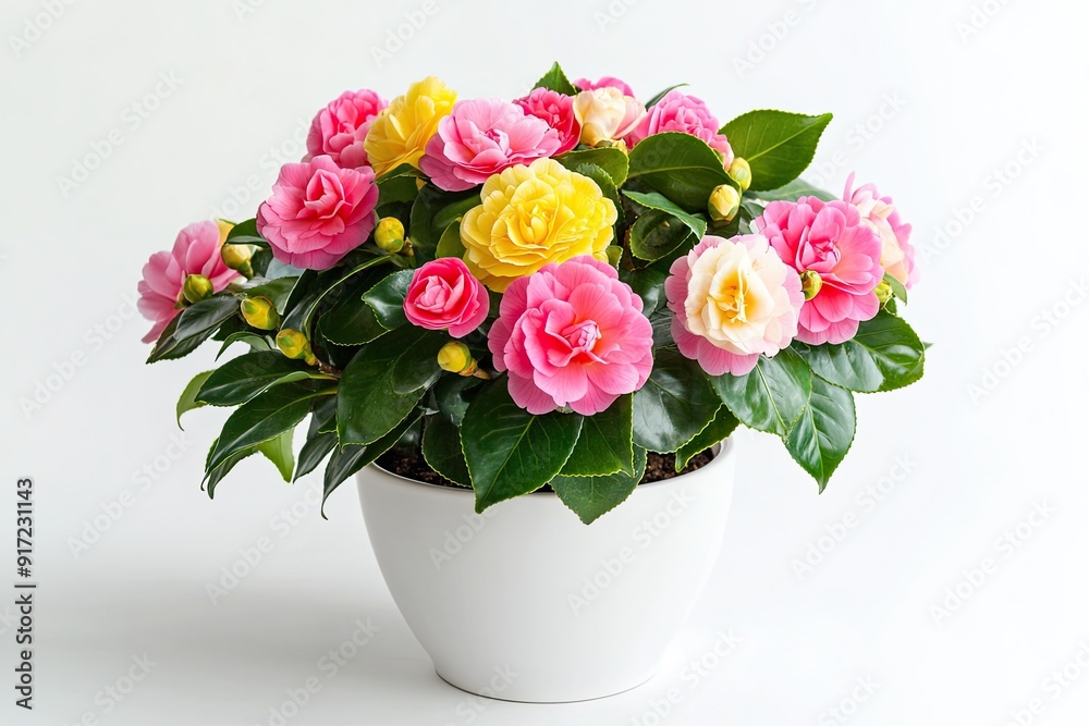 Colorful camellia flowers in the pot isolated on a white background Colorful camellia flowers in the pot isolated on a white background