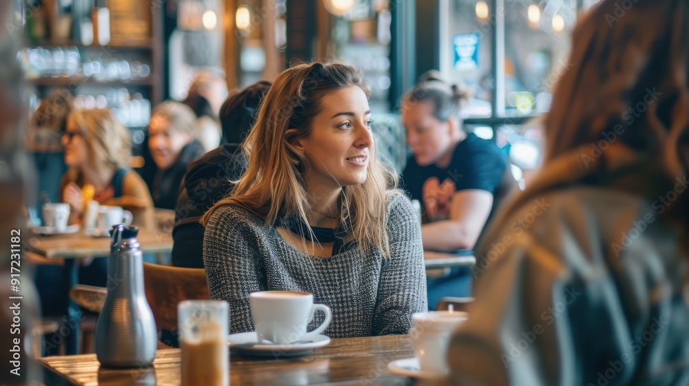 Woman chatting with a friend over coffee in a busy coffee shop Woman chatting with a friend over coffee in a busy coffee shop
