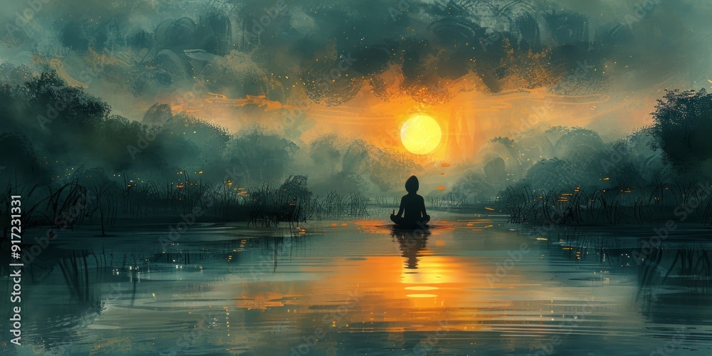 Silhouette of a Person Meditating on a Lake at Sunset Silhouette of a Person Meditating on a Lake at Sunset