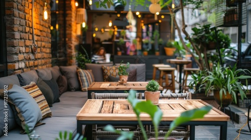Cozy outdoor coffee shop with plants and comfortable seating