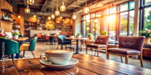 A Cup of Coffee on a Wooden Table in a Sunny Cafe, coffee, cafe, table, drink photo