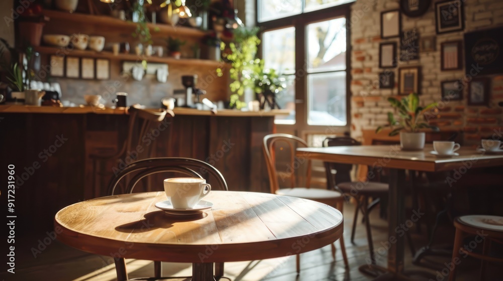 Obraz premium Quiet coffee shop with no customers, early morning setup