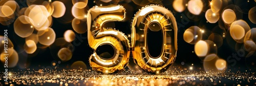 Celebrate your anniversary with a striking gold foil balloon number "50," shining boldly against