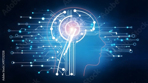 Computerized profile of a human head with interconnected lines on a brilliant blue foundation, portraying an innovation idea. Generative artificial intelligence