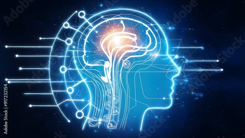 Computerized profile of a human head with interconnected lines on a brilliant blue foundation, portraying an innovation idea. Generative artificial intelligence