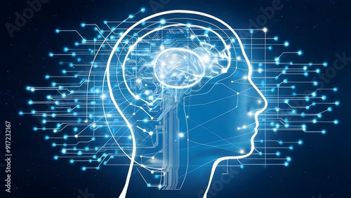 Mechanized profile of a human head with interconnected lines on a splendid blue establishment, depicting a development thought. Generative ai