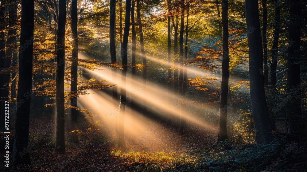 Golden hour sunlight streaming through forest Golden hour sunlight streaming through forest