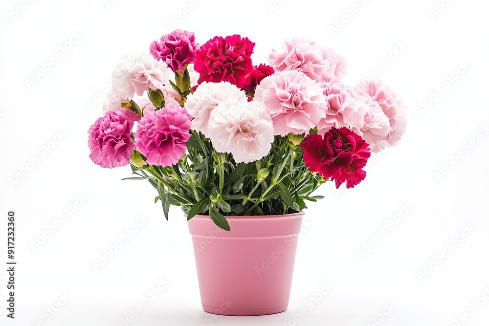 Colorful carnation flowers in the pot isolated on a white background Colorful carnation flowers in the pot isolated on a white background