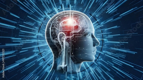 Mechanized profile of a human head with interconnected lines on a splendid blue establishment, depicting a development thought. Generative ai