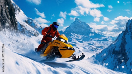 A thrilling snowmobile adventure through snowy mountains.