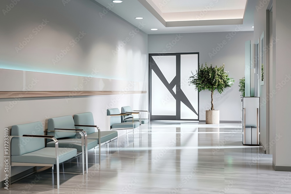 UHD 4K 3D render of a modern clinic waiting area with natural light. UHD 4K 3D render of a modern clinic waiting area with natural light.