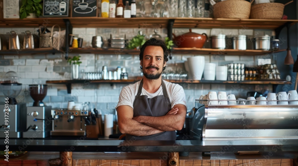 Proud coffee shop owner standing behind the counter Proud coffee shop owner standing behind the counter