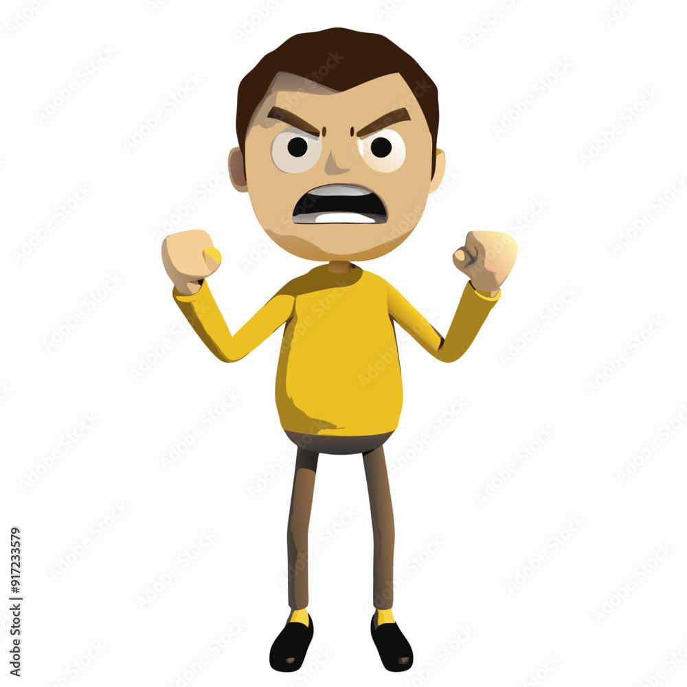 3D style cartoon character of a teen boy in a yellow sweater, standing with clenched fists and an intense, angry expression, eyebrows furrowed, and mouth open as if shouting 3D style cartoon character of a teen boy in a yellow sweater, standing with clenched fists and an intense, angry expression, eyebrows furrowed, and mouth open as if shouting