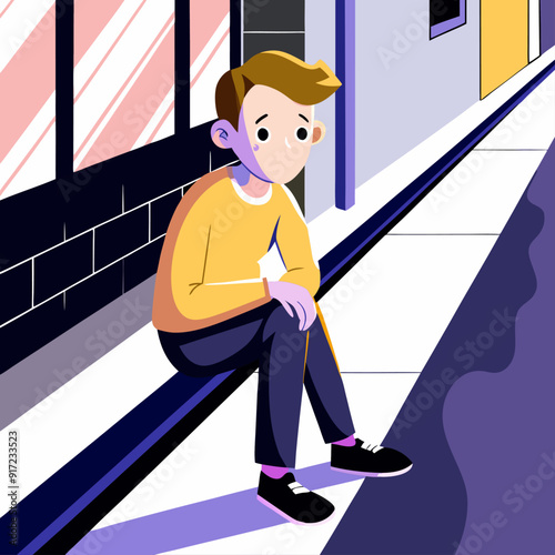 3D style cartoon character of a teen boy in a yellow sweater, sitting on the edge of a sidewalk with a pensive expression, chin resting on hand, and eyes gazing into the distance graphics