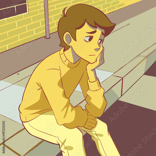 3D style cartoon character of a teen boy in a yellow sweater, sitting on the edge of a sidewalk with a pensive expression, chin resting on hand, and eyes gazing into the distance